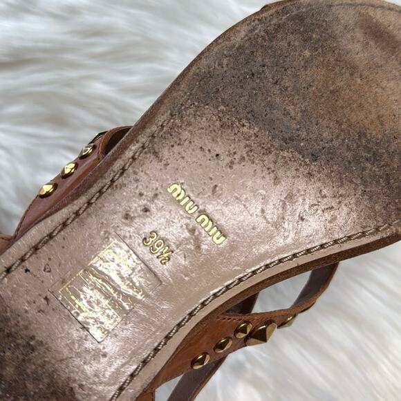 Miu Miu Brown Gold Studded Leather Sandals - Picture 8 of 9